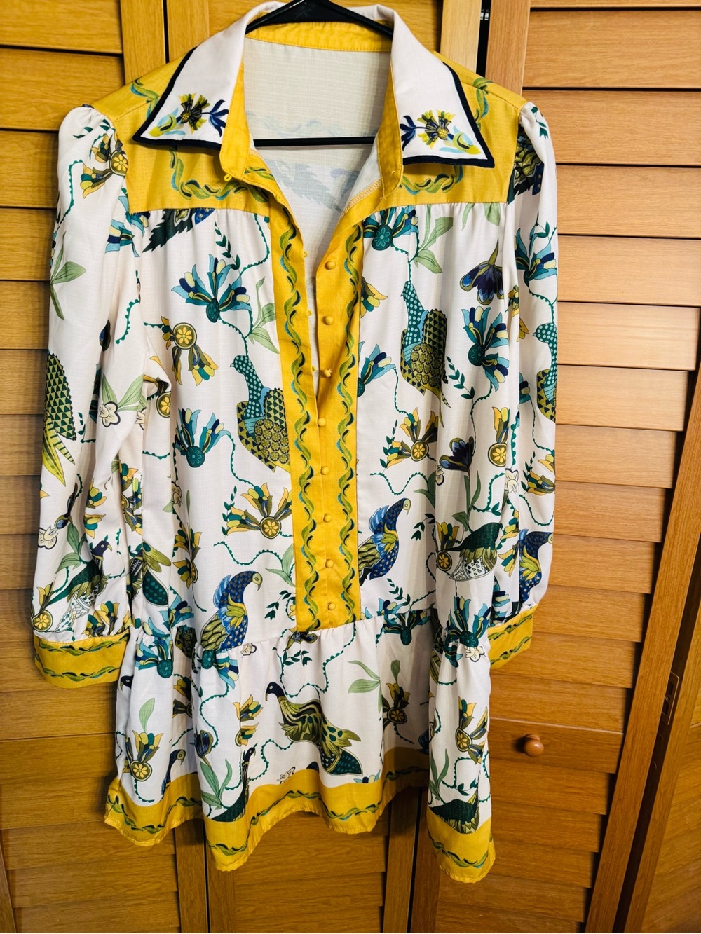 Bohemian Peacock Bird Print, Long Sleeve Mini Dress, Lapel Collar, XL - Picture 5 of 7